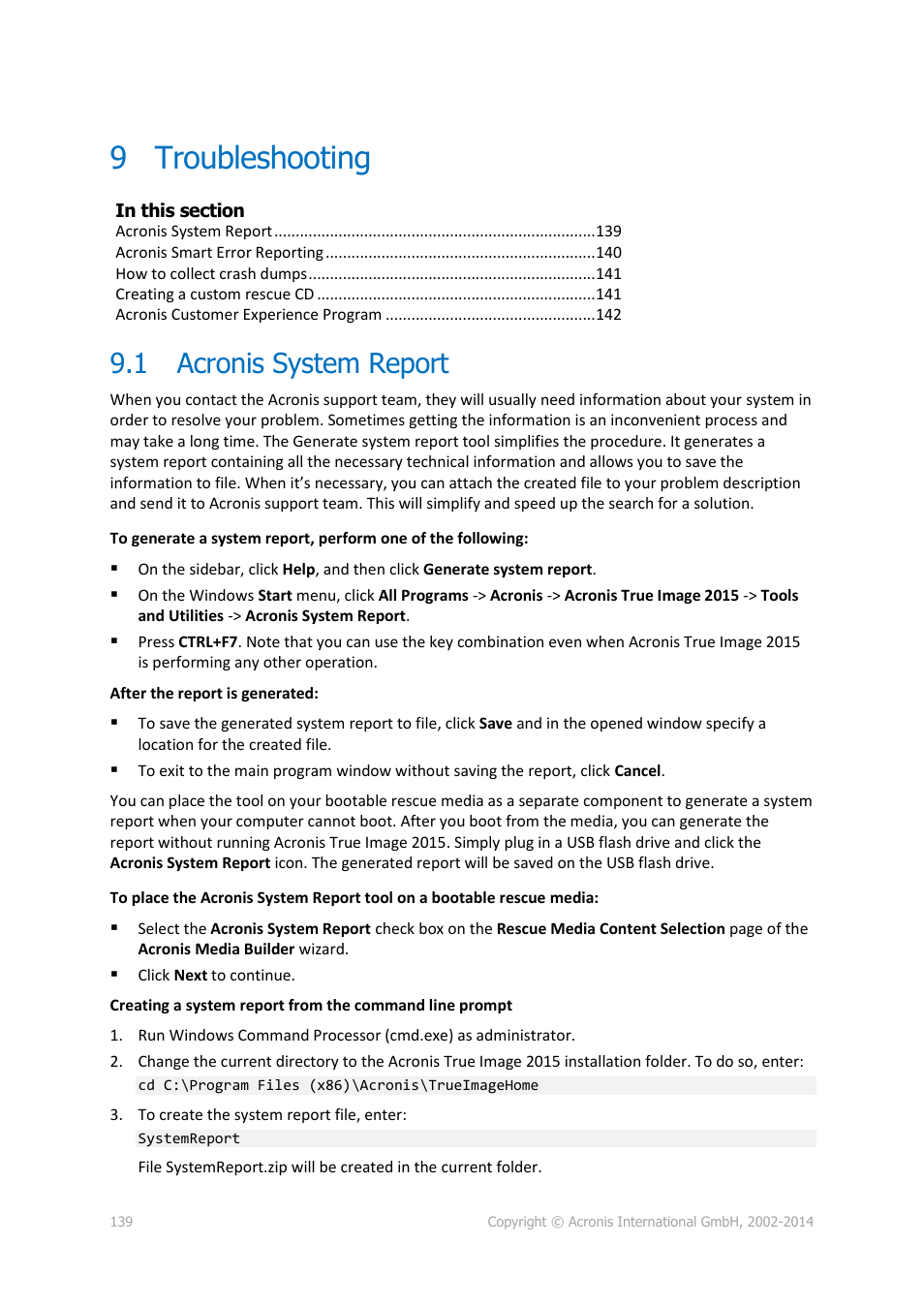 9 troubleshooting, 1 acronis system report, Troubleshooting | Acronis system report | Acronis True Image 2015 - User Guide User Manual | Page 139 / 146