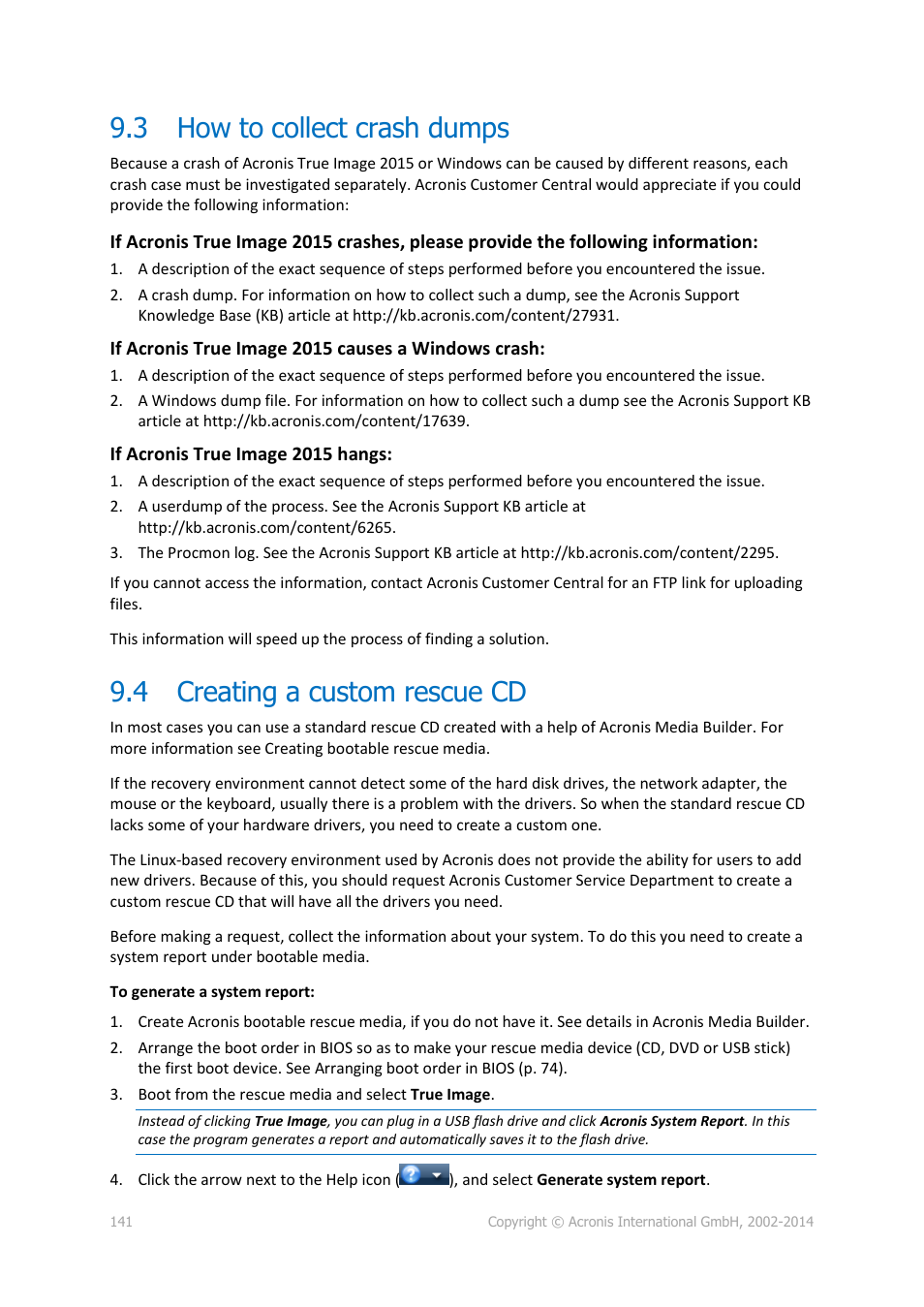 3 how to collect crash dumps, 4 creating a custom rescue cd, How to collect crash dumps | Creating a custom rescue cd | Acronis True Image 2015 - User Guide User Manual | Page 141 / 146