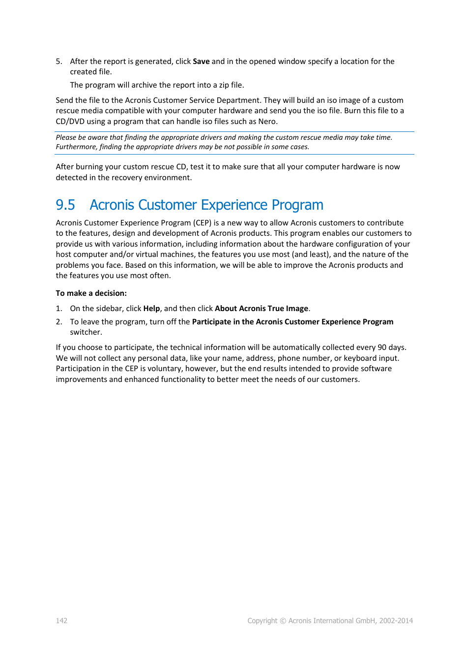 5 acronis customer experience program, Acronis customer experience program | Acronis True Image 2015 - User Guide User Manual | Page 142 / 146