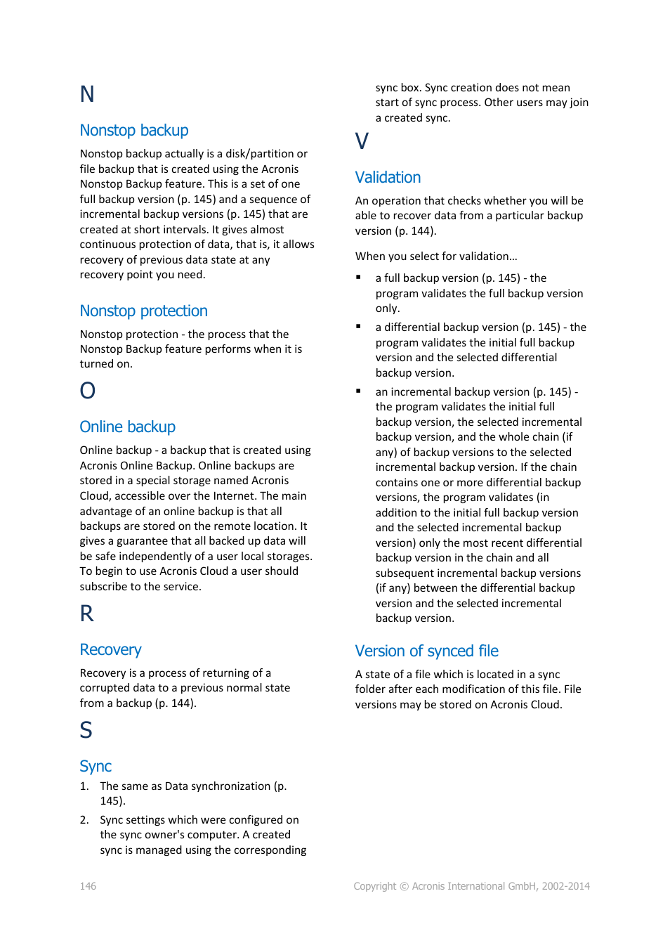 Nonstop backup, Nonstop protection, Online backup | Recovery, Sync, Validation, Version of synced file | Acronis True Image 2015 - User Guide User Manual | Page 146 / 146