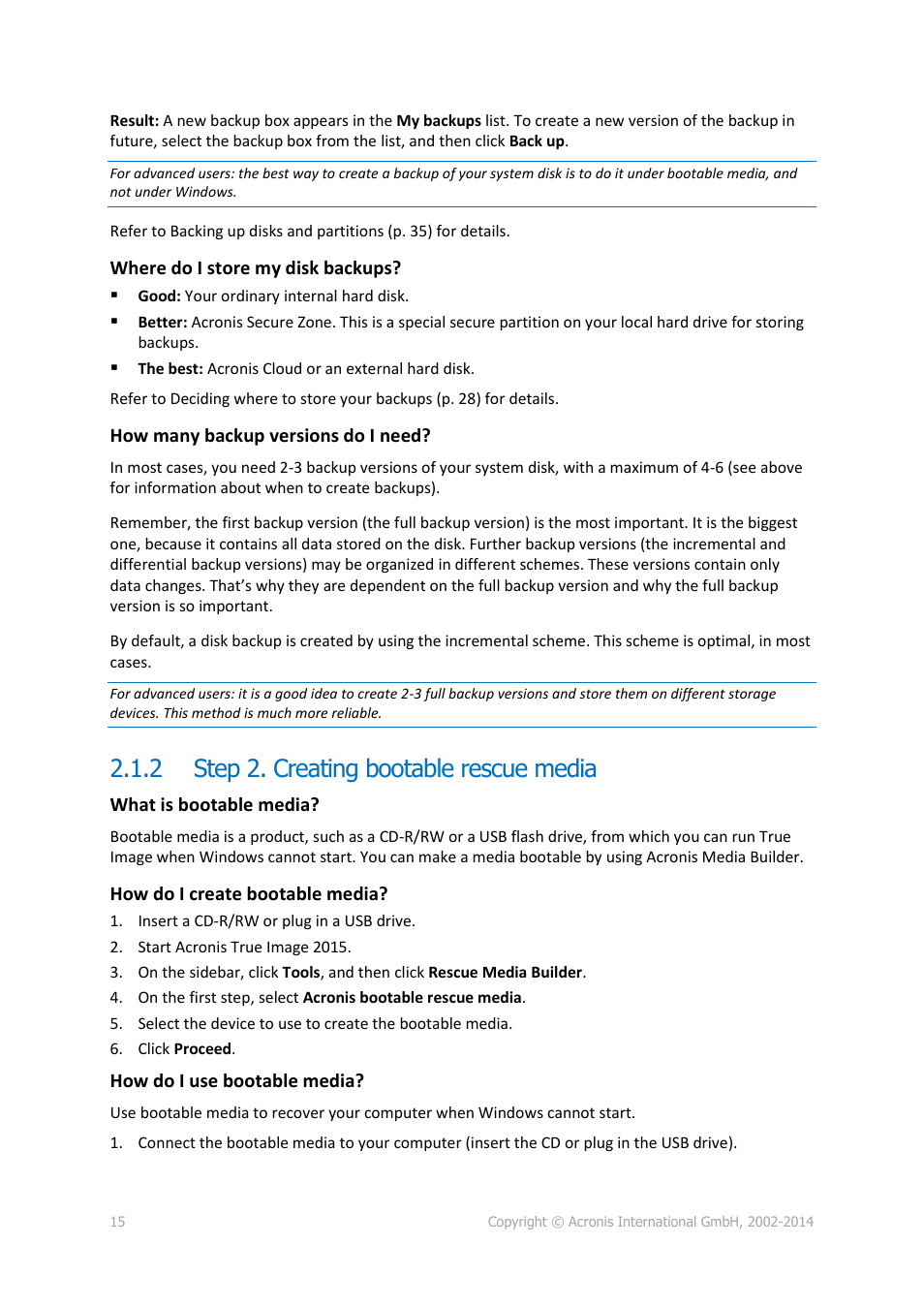 2 step 2. creating bootable rescue media, Step 2. creating bootable rescue media, P. 15) | Acronis True Image 2015 - User Guide User Manual | Page 15 / 146