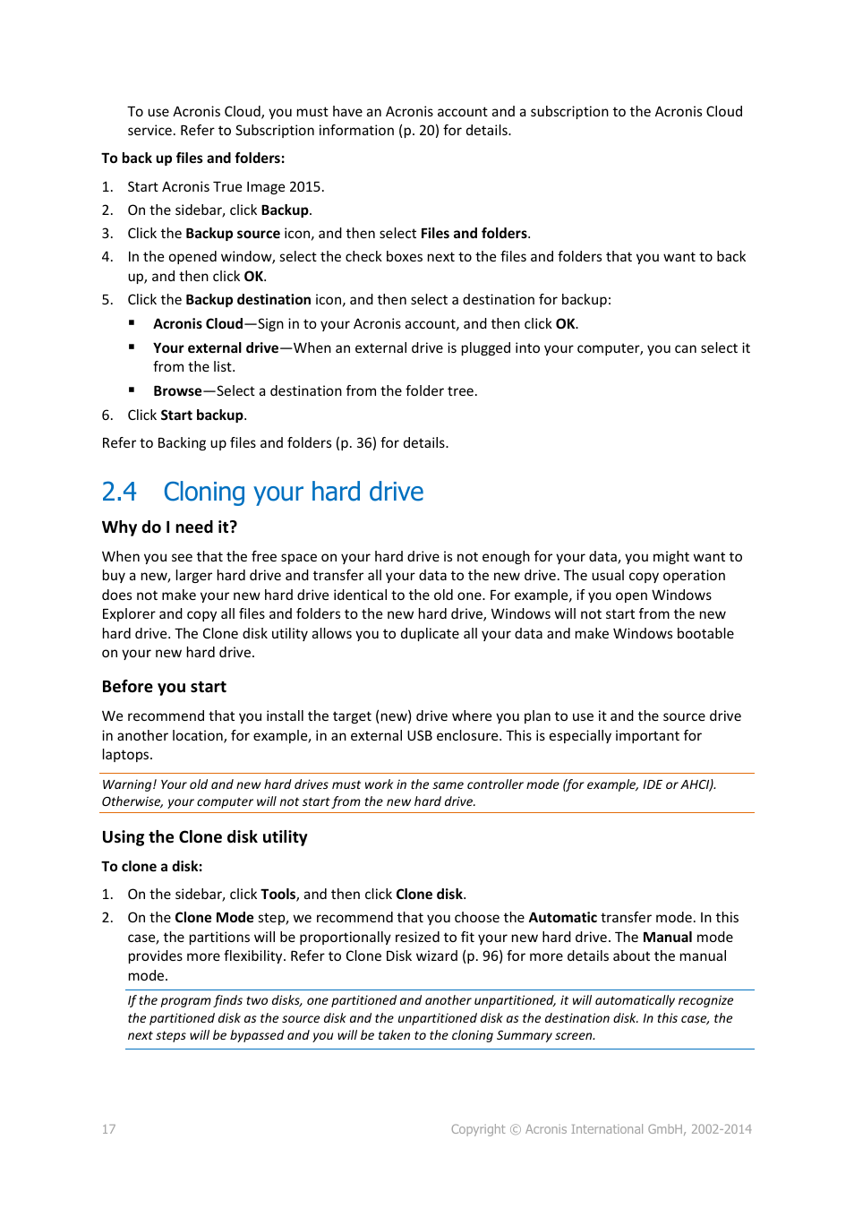 4 cloning your hard drive, Cloning your hard drive | Acronis True Image 2015 - User Guide User Manual | Page 17 / 146