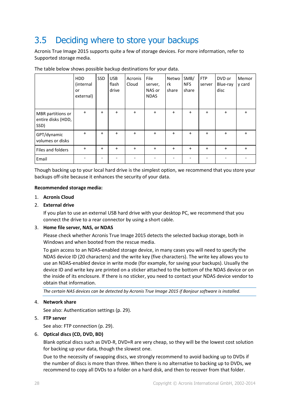 5 deciding where to store your backups, Deciding where to store your backups | Acronis True Image 2015 - User Guide User Manual | Page 28 / 146