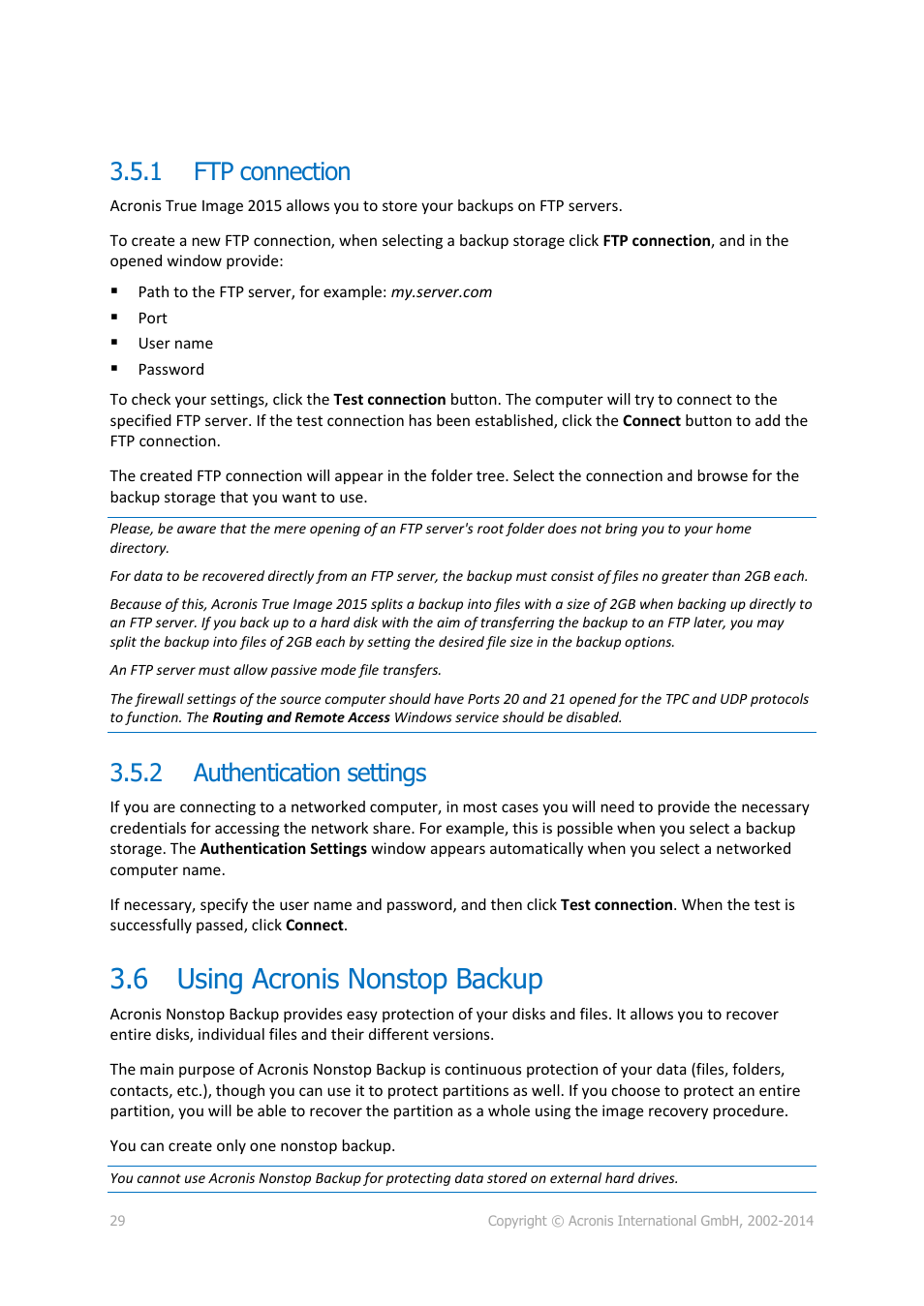 1 ftp connection, 2 authentication settings, 6 using acronis nonstop backup | Ftp connection, Authentication settings, Using acronis nonstop backup | Acronis True Image 2015 - User Guide User Manual | Page 29 / 146