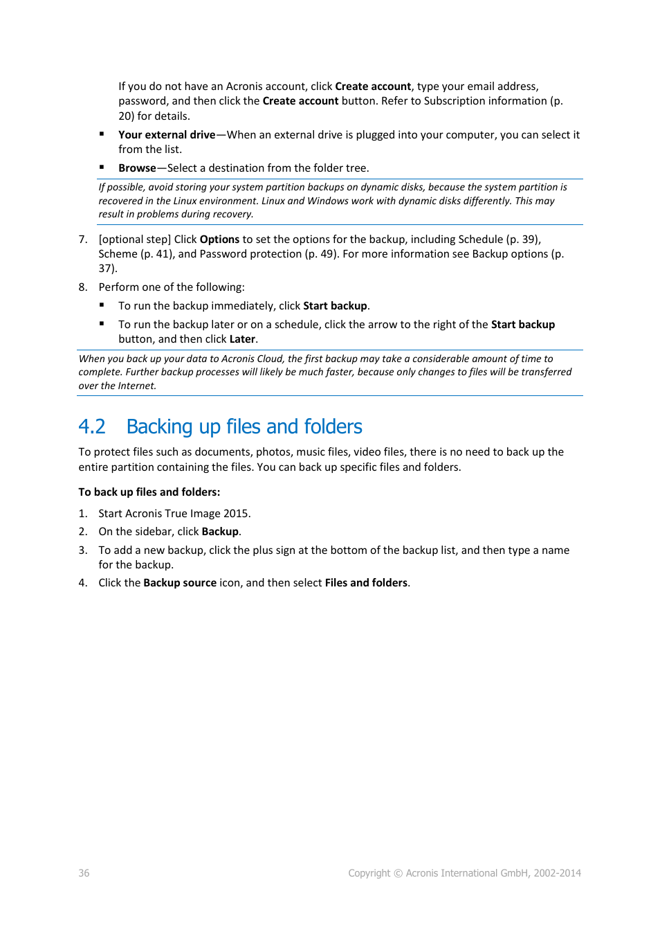 2 backing up files and folders, Backing up files and folders | Acronis True Image 2015 - User Guide User Manual | Page 36 / 146