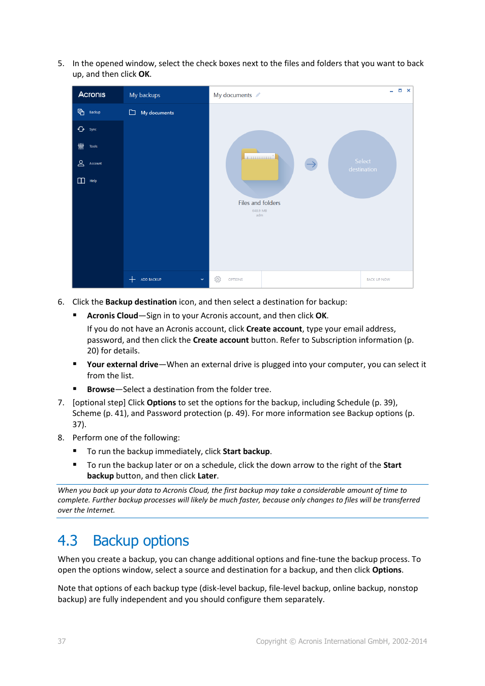 3 backup options, Backup options | Acronis True Image 2015 - User Guide User Manual | Page 37 / 146