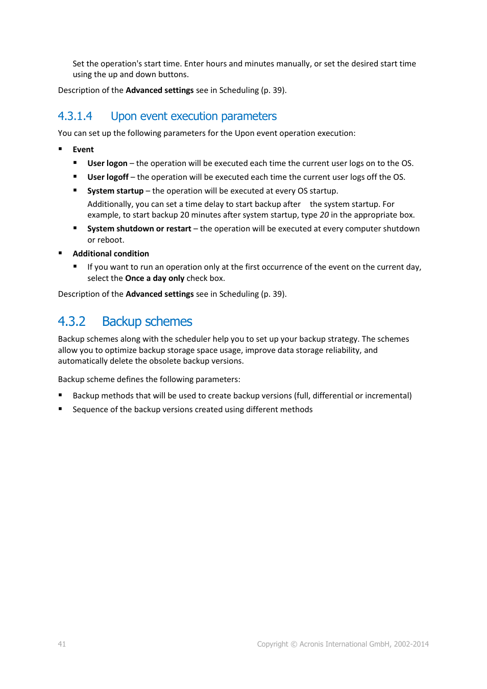 4 upon event execution parameters, 2 backup schemes, Backup schemes | P. 41) | Acronis True Image 2015 - User Guide User Manual | Page 41 / 146