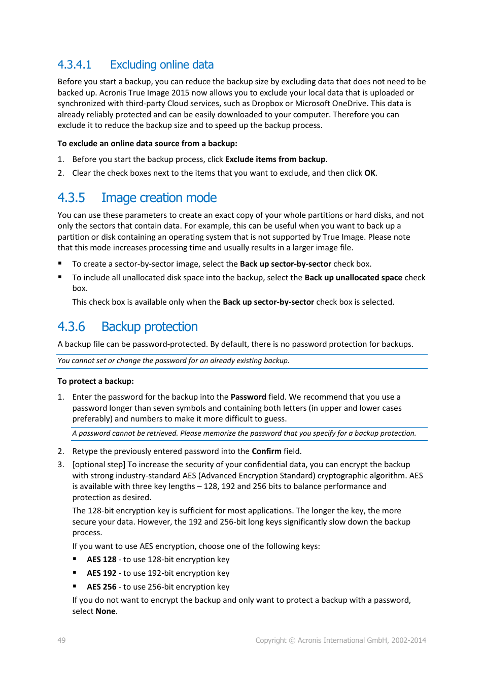 1 excluding online data, 5 image creation mode, 6 backup protection | Image creation mode, Backup protection, P. 49). f | Acronis True Image 2015 - User Guide User Manual | Page 49 / 146