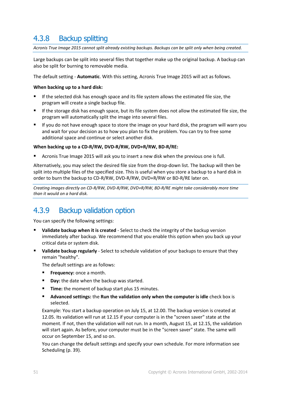 8 backup splitting, 9 backup validation option, Backup splitting | Backup validation option | Acronis True Image 2015 - User Guide User Manual | Page 51 / 146