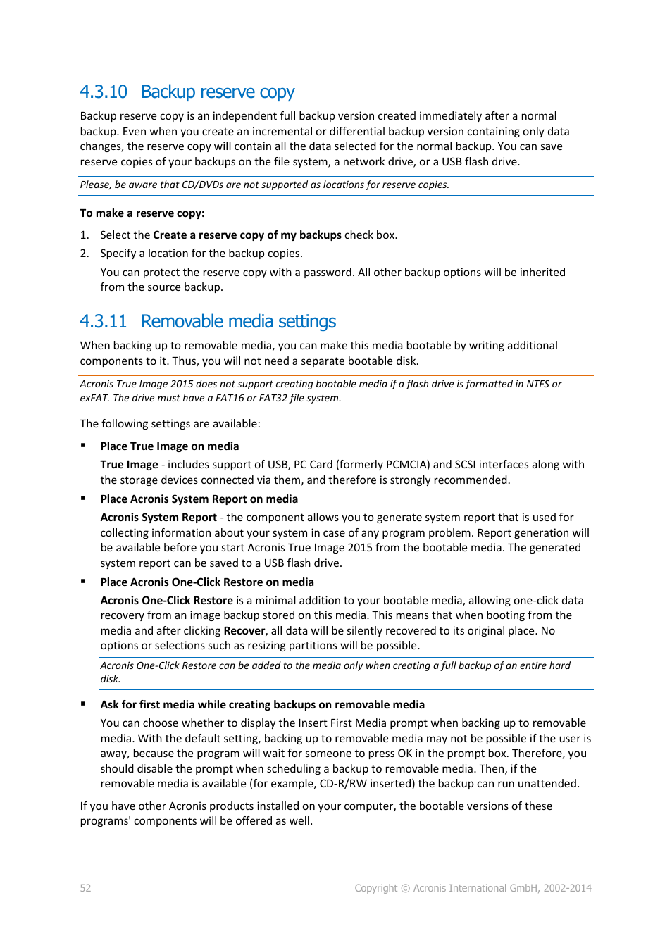 10 backup reserve copy, 11 removable media settings, Backup reserve copy | Removable media settings | Acronis True Image 2015 - User Guide User Manual | Page 52 / 146