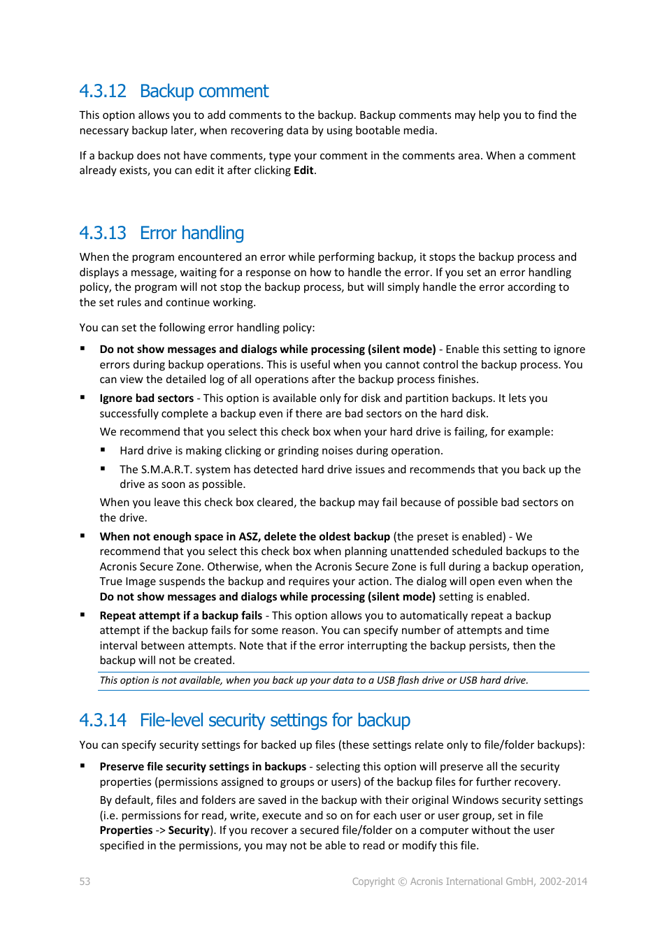 12 backup comment, 13 error handling, 14 file-level security settings for backup | Backup comment, Error handling, File-level security settings for backup | Acronis True Image 2015 - User Guide User Manual | Page 53 / 146