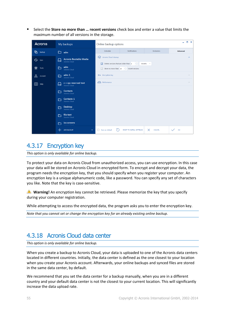 17 encryption key, 18 acronis cloud data center, 17 encryption key 4.3.18 acronis cloud data center | Encryption key, Acronis cloud data center | Acronis True Image 2015 - User Guide User Manual | Page 55 / 146