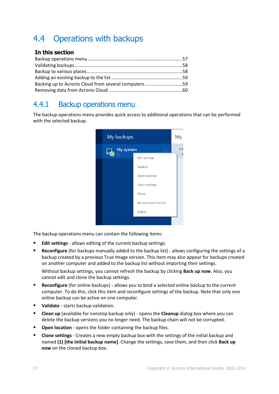 4 operations with backups, 1 backup operations menu, Operations with backups | Backup operations menu | Acronis True Image 2015 - User Guide User Manual | Page 57 / 146