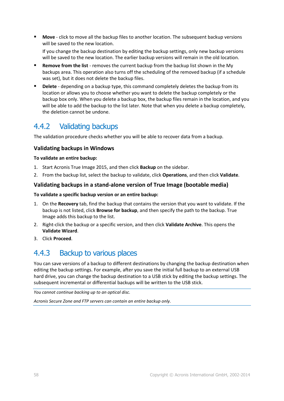 2 validating backups, 3 backup to various places, Validating backups | Backup to various places | Acronis True Image 2015 - User Guide User Manual | Page 58 / 146