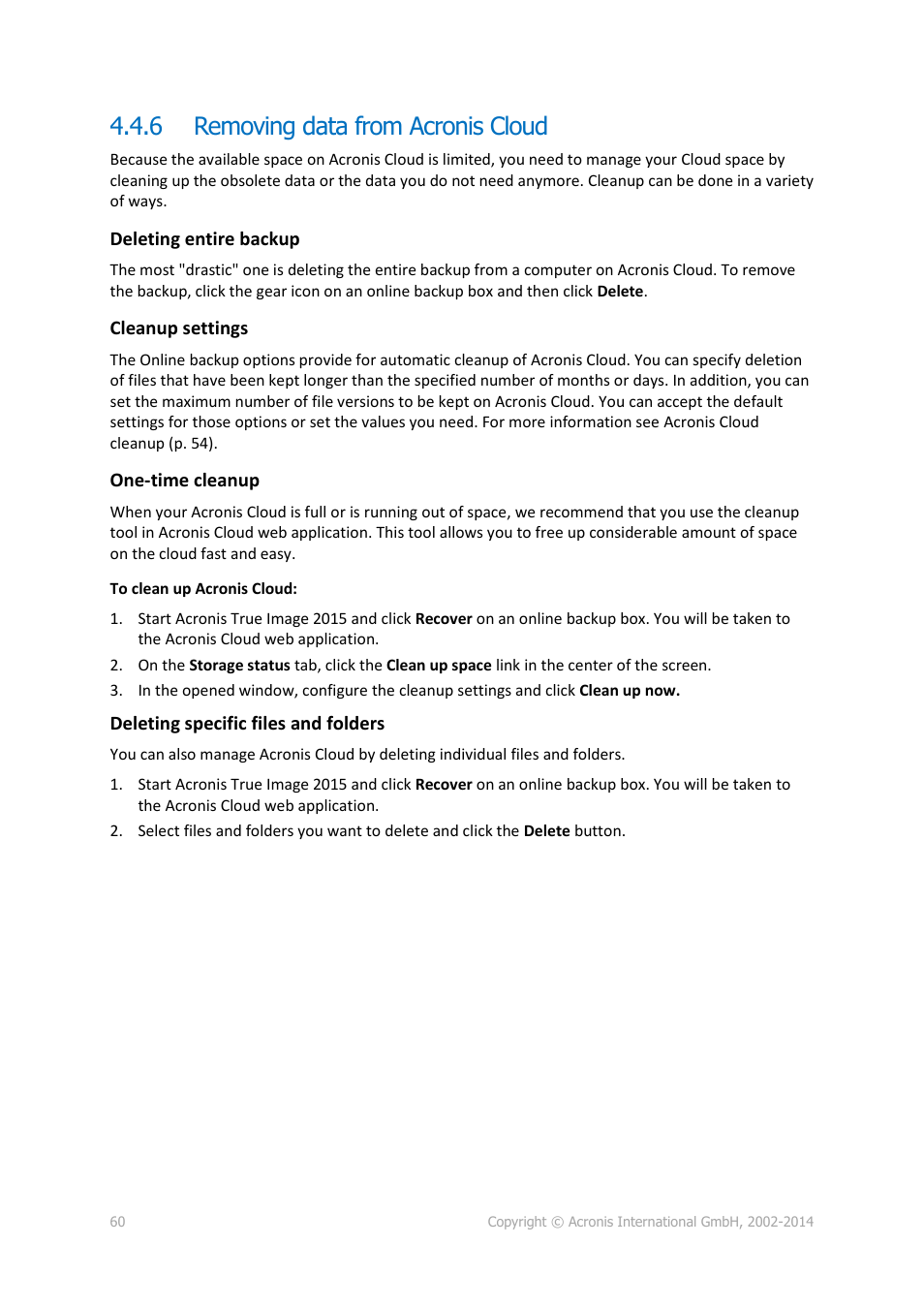 6 removing data from acronis cloud, Removing data from acronis cloud | Acronis True Image 2015 - User Guide User Manual | Page 60 / 146