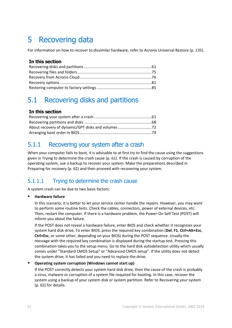 5 recovering data, 1 recovering disks and partitions, 1 recovering your system after a crash | 1 trying to determine the crash cause, Recovering data, Recovering disks and partitions, Recovering your system after a crash | Acronis True Image 2015 - User Guide User Manual | Page 61 / 146