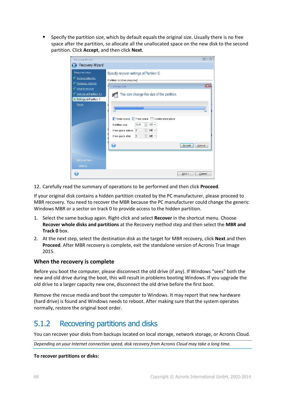 2 recovering partitions and disks, Recovering partitions and disks | Acronis True Image 2015 - User Guide User Manual | Page 68 / 146
