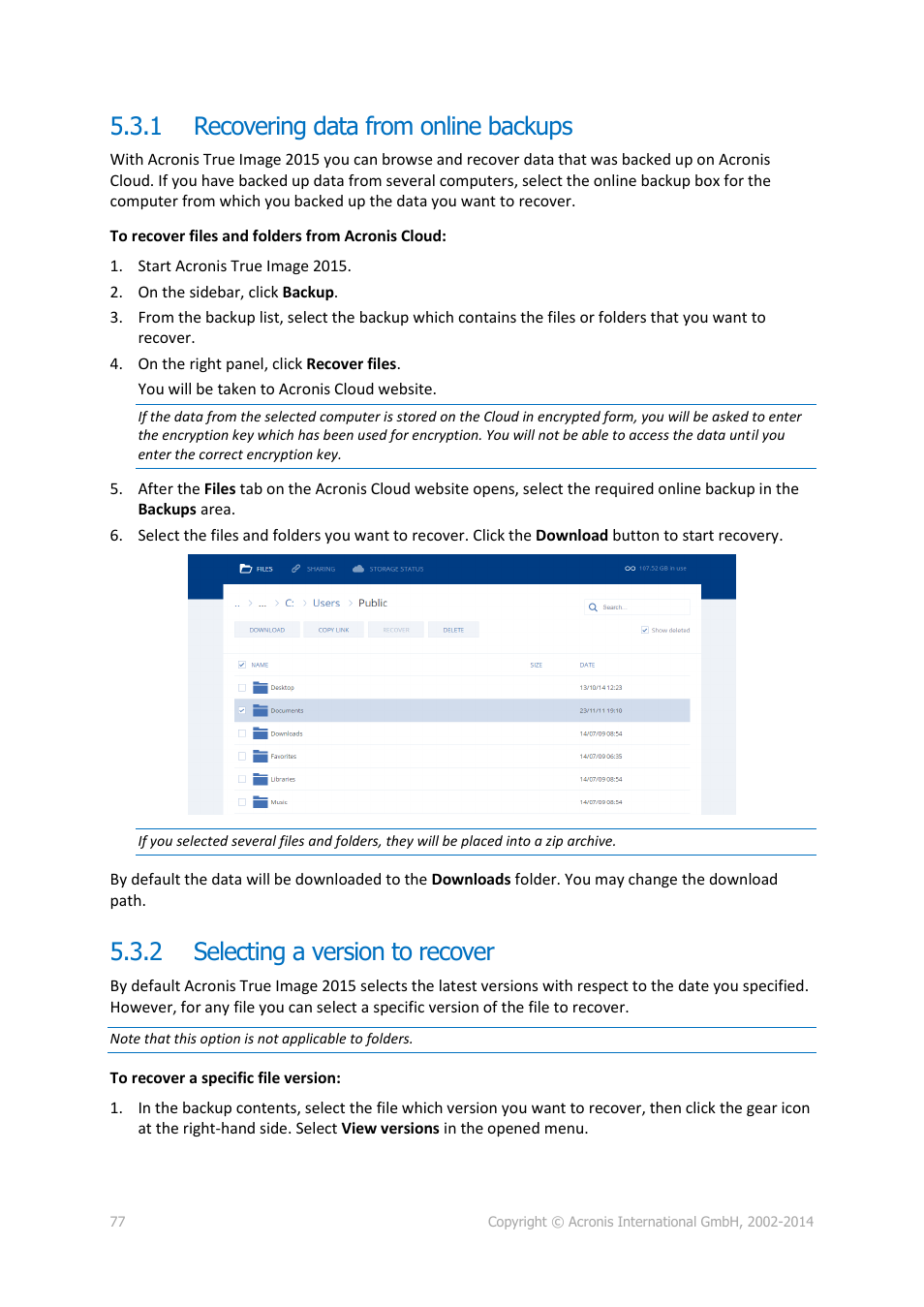 1 recovering data from online backups, 2 selecting a version to recover, Recovering data from online backups | Selecting a version to recover | Acronis True Image 2015 - User Guide User Manual | Page 77 / 146