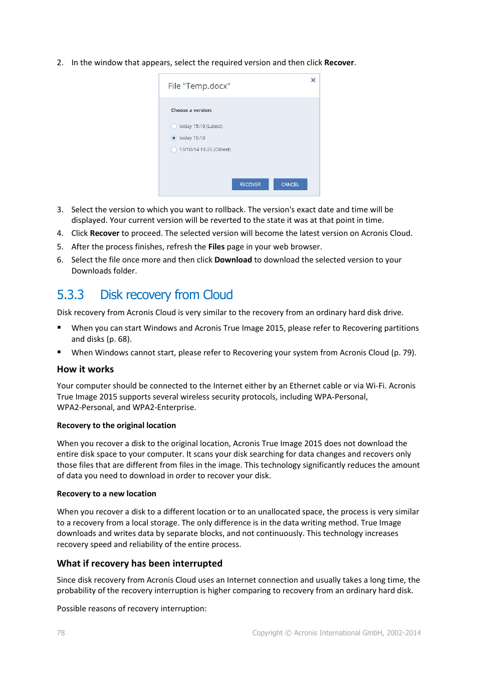 3 disk recovery from cloud, Disk recovery from cloud | Acronis True Image 2015 - User Guide User Manual | Page 78 / 146