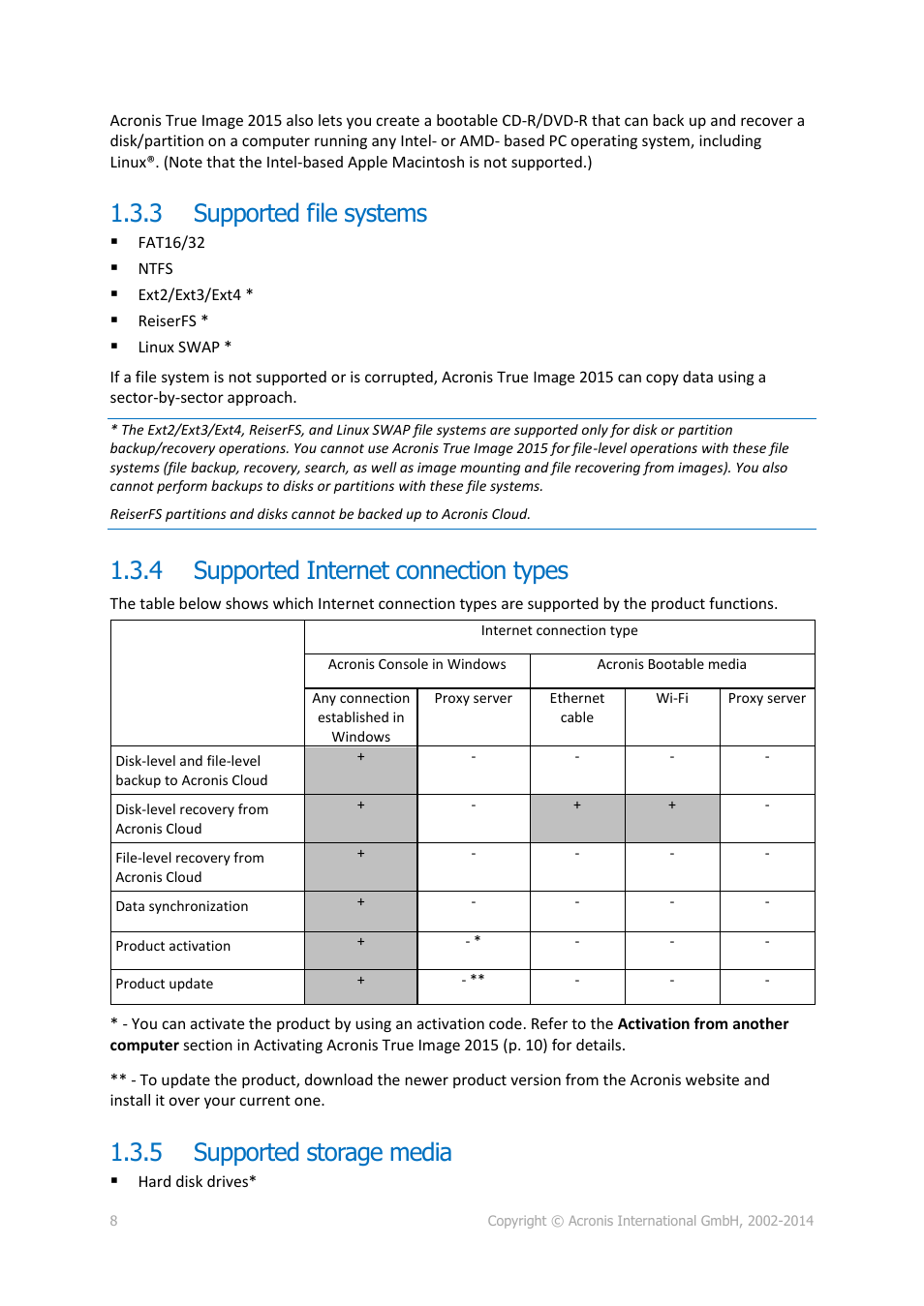 3 supported file systems, 4 supported internet connection types, 5 supported storage media | Supported file systems, Supported internet connection types, Supported storage media | Acronis True Image 2015 - User Guide User Manual | Page 8 / 146