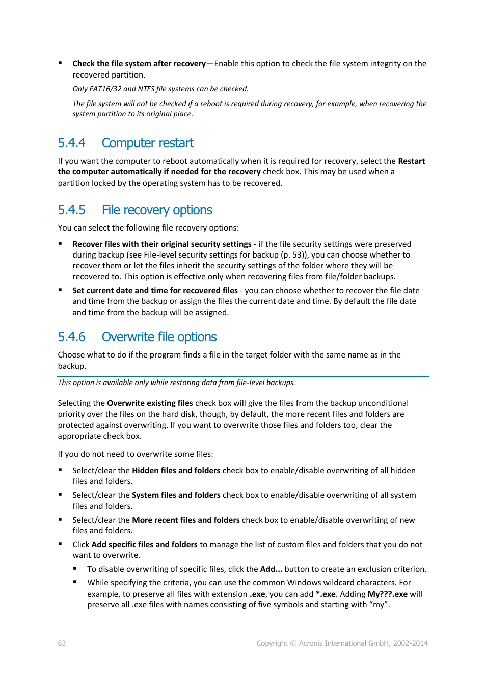 4 computer restart, 5 file recovery options, 6 overwrite file options | Computer restart, File recovery options, Overwrite file options | Acronis True Image 2015 - User Guide User Manual | Page 83 / 146