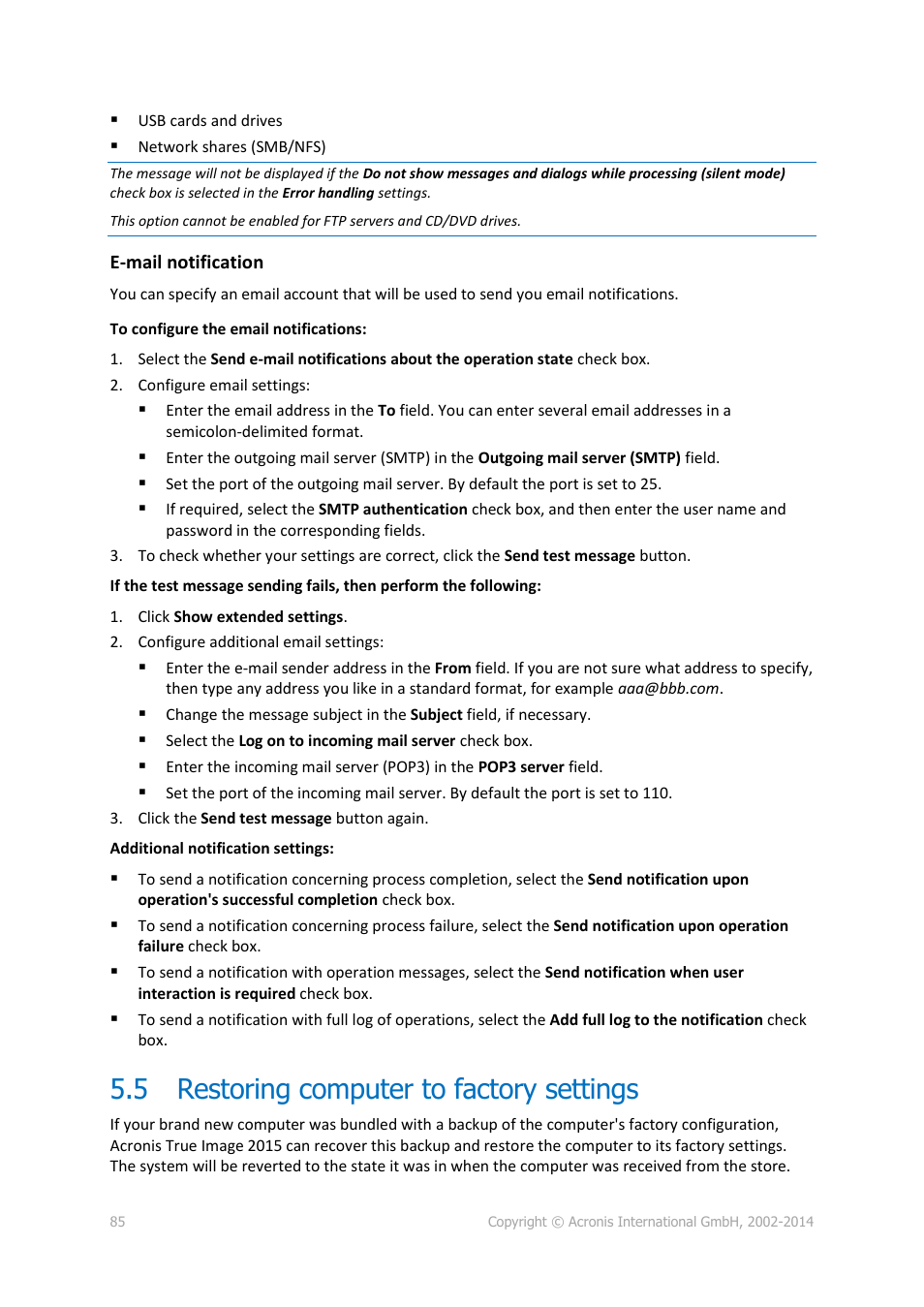 5 restoring computer to factory settings, Restoring computer to factory settings | Acronis True Image 2015 - User Guide User Manual | Page 85 / 146