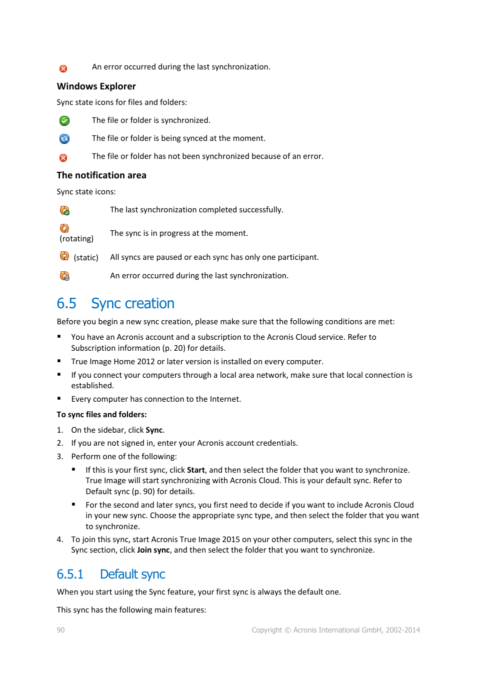5 sync creation, 1 default sync, Sync creation | Default sync | Acronis True Image 2015 - User Guide User Manual | Page 90 / 146