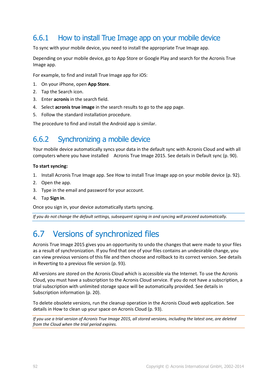 2 synchronizing a mobile device, 7 versions of synchronized files, Synchronizing a mobile device | Versions of synchronized files | Acronis True Image 2015 - User Guide User Manual | Page 92 / 146