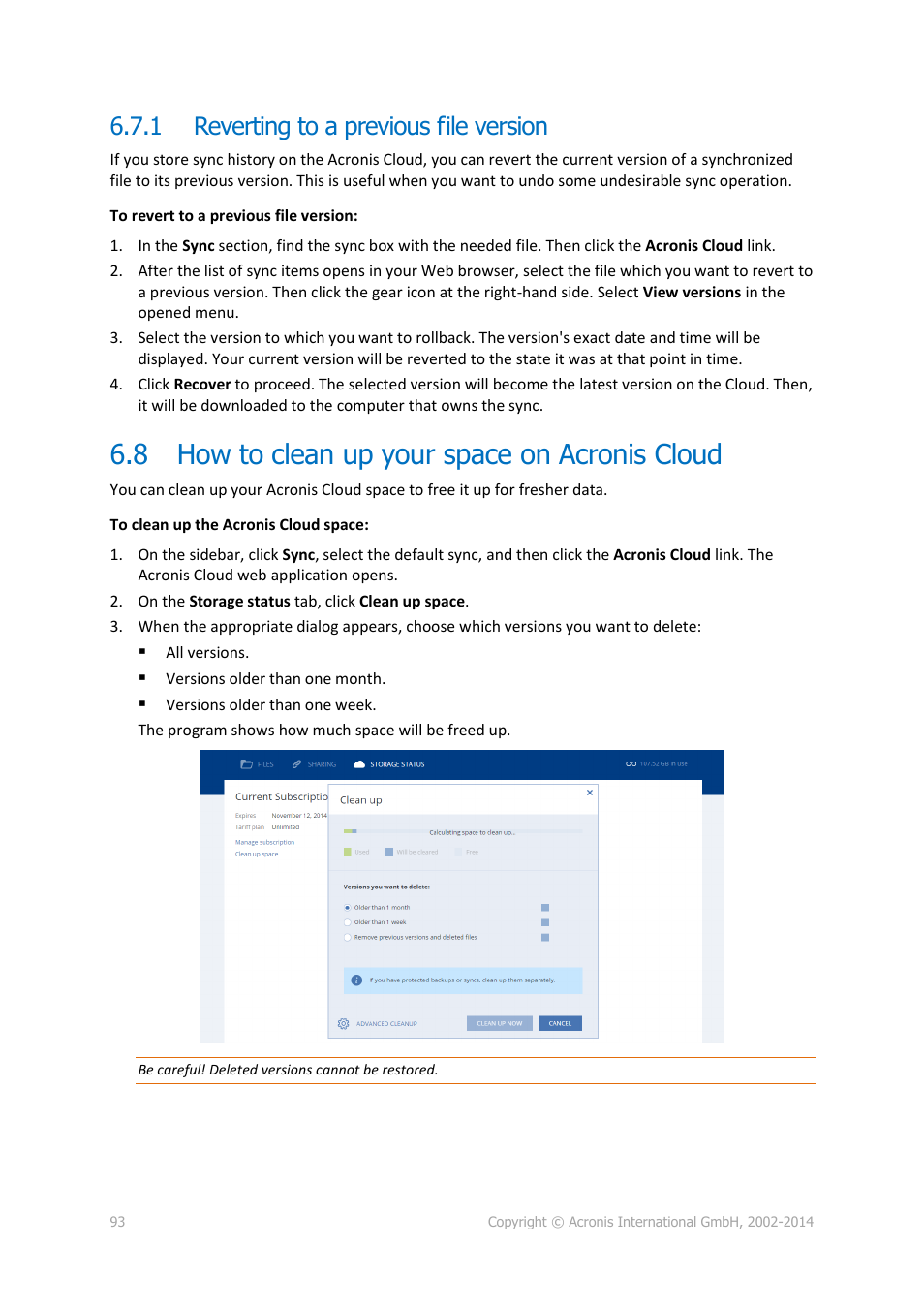 1 reverting to a previous file version, 8 how to clean up your space on acronis cloud, Reverting to a previous file version | How to clean up your space on acronis cloud, P. 93) | Acronis True Image 2015 - User Guide User Manual | Page 93 / 146