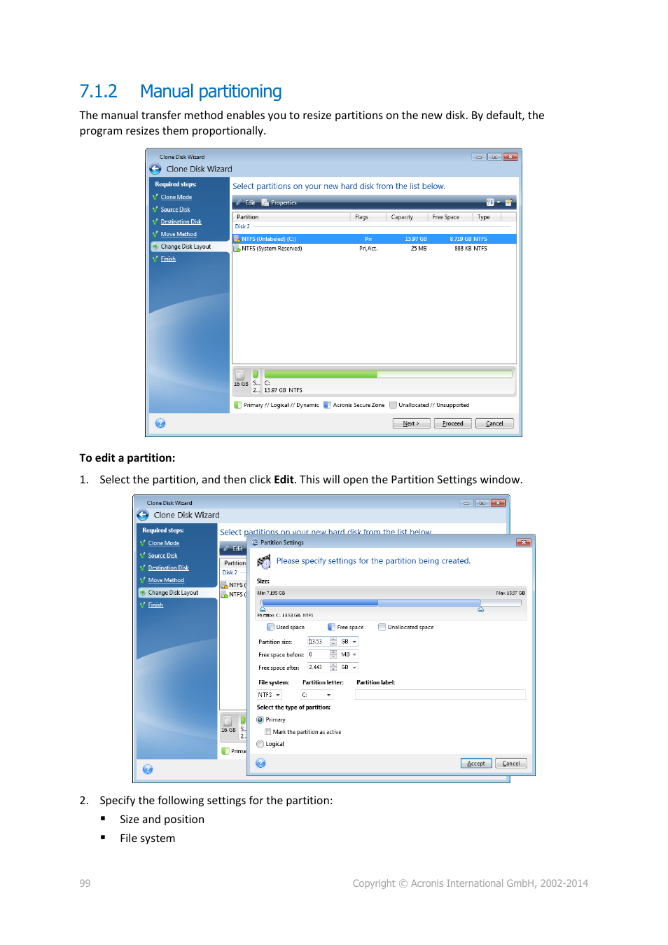 2 manual partitioning, Manual partitioning | Acronis True Image 2015 - User Guide User Manual | Page 99 / 146
