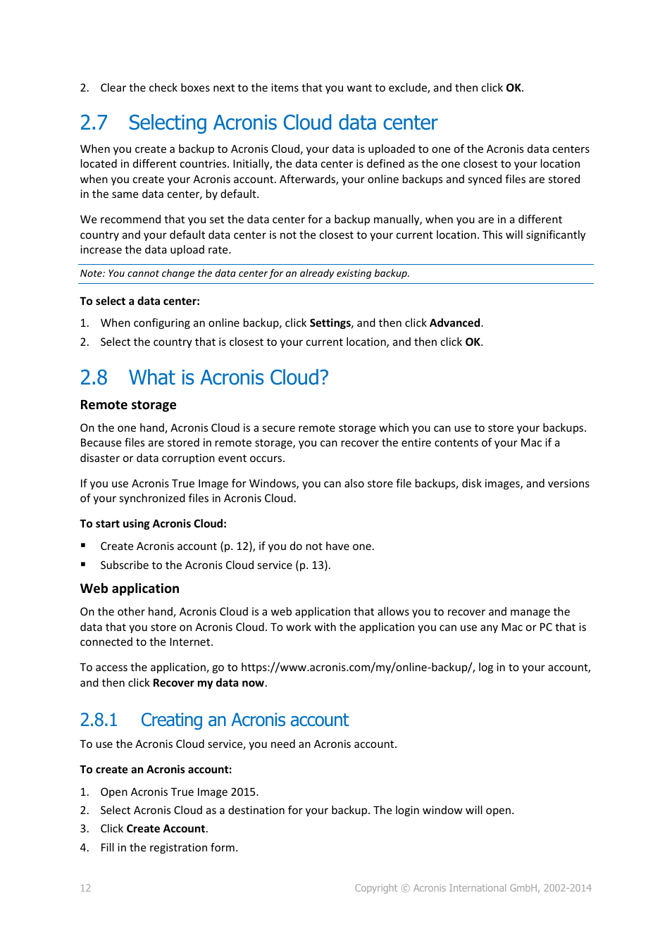 7 selecting acronis cloud data center, 8 what is acronis cloud, 1 creating an acronis account | Selecting acronis cloud data center, What is acronis cloud, Creating an acronis account | Acronis True Image for Mac - User Guide User Manual | Page 12 / 19