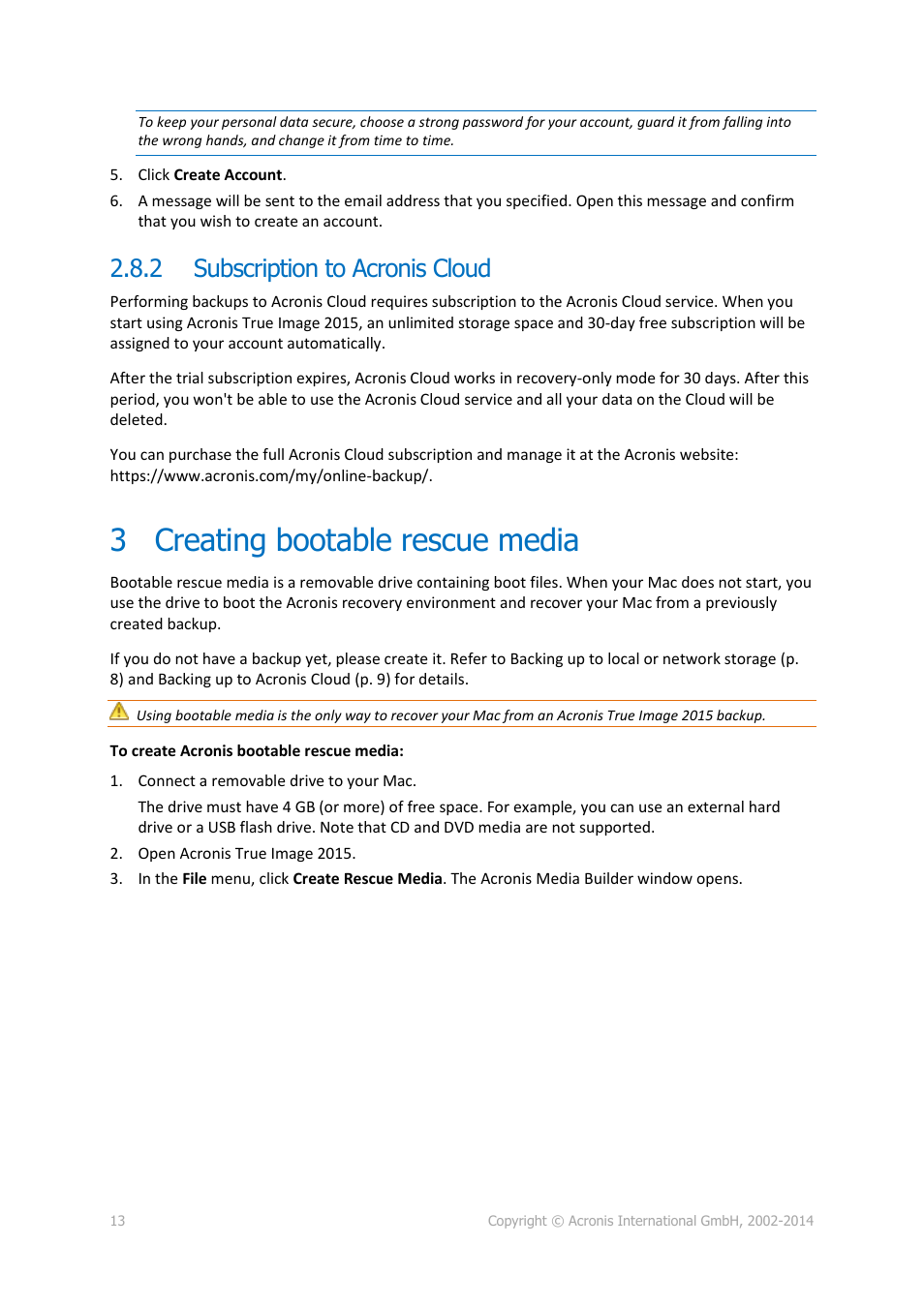 2 subscription to acronis cloud, 3 creating bootable rescue media, Subscription to acronis cloud | P. 13) | Acronis True Image for Mac - User Guide User Manual | Page 13 / 19