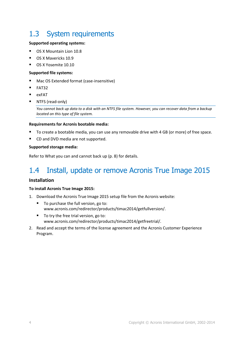 3 system requirements, System requirements, Install, update or remove acronis true image 2015 | Acronis True Image for Mac - User Guide User Manual | Page 4 / 19