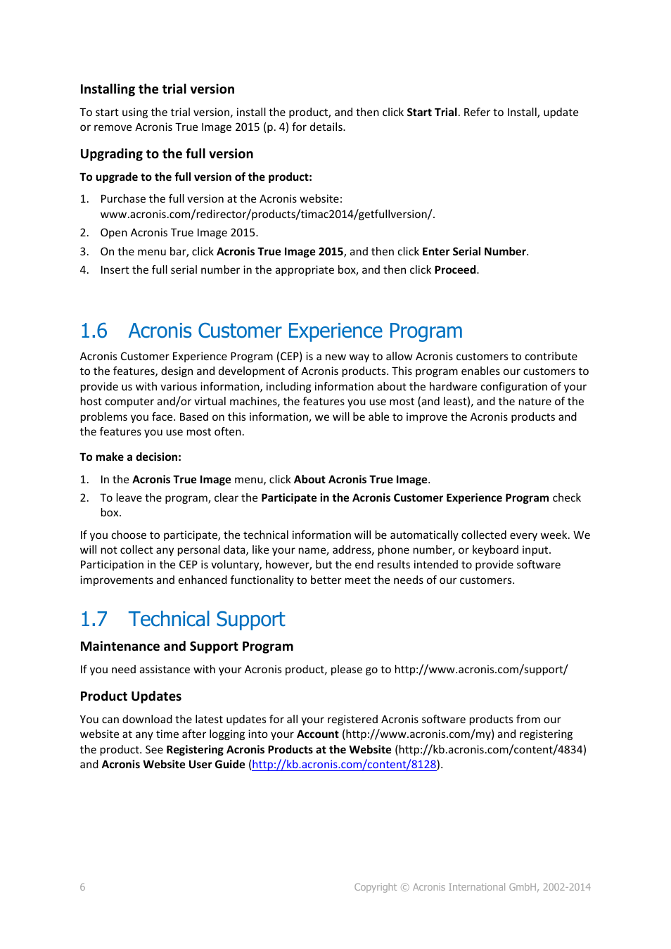 6 acronis customer experience program, 7 technical support, Acronis customer experience program | Technical support | Acronis True Image for Mac - User Guide User Manual | Page 6 / 19