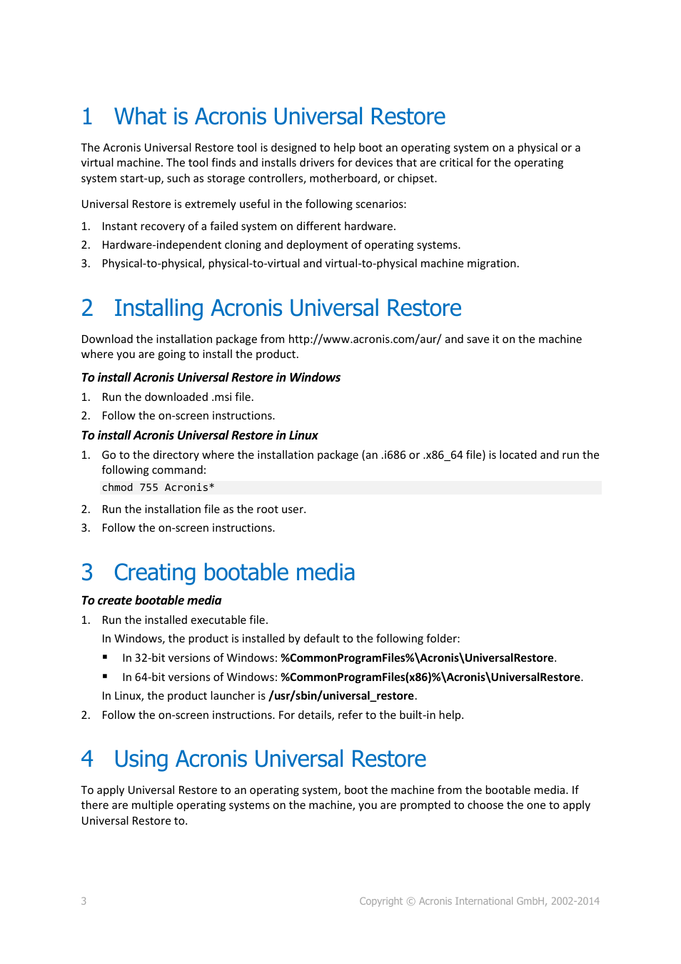 1 what is acronis universal restore, 2 installing acronis universal restore, 3 creating bootable media | 4 using acronis universal restore, What is acronis universal restore, Installing acronis universal restore, Creating bootable media, Using acronis universal restore | Acronis Universal Restore - User Guide User Manual | Page 3 / 5