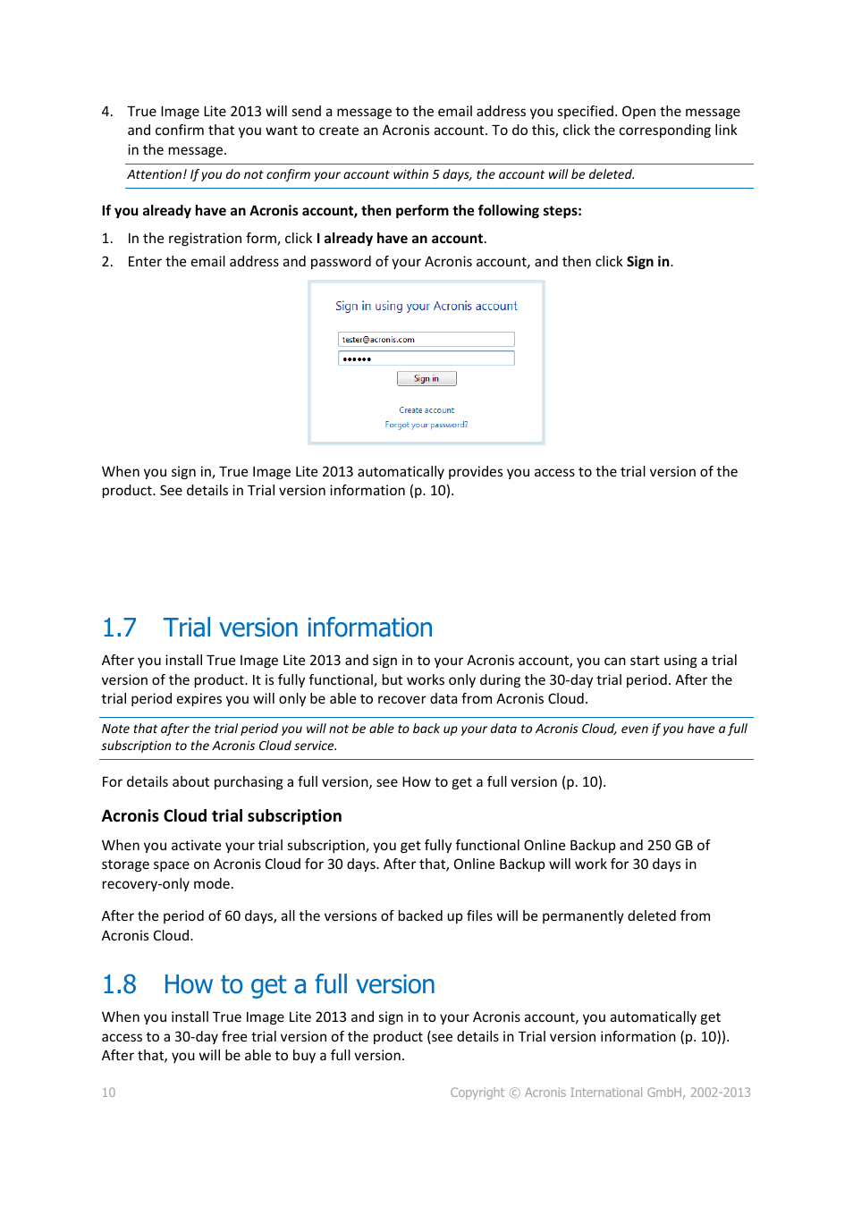 7 trial version information, 8 how to get a full version, Trial version information | How to get a full version | Acronis True Image Lite 2013 by Acronis - User Guide User Manual | Page 10 / 50