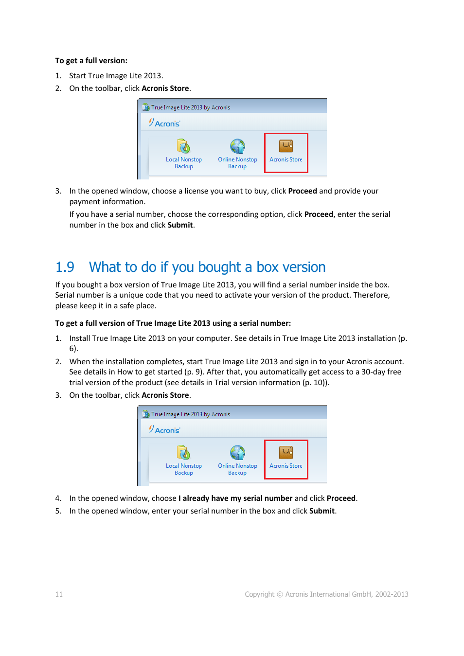 9 what to do if you bought a box version, What to do if you bought a box version | Acronis True Image Lite 2013 by Acronis - User Guide User Manual | Page 11 / 50