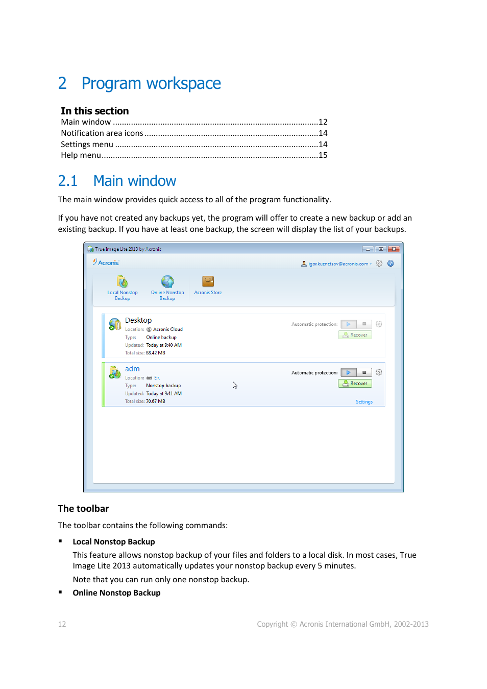 2 program workspace, 1 main window, Program workspace | Main window | Acronis True Image Lite 2013 by Acronis - User Guide User Manual | Page 12 / 50