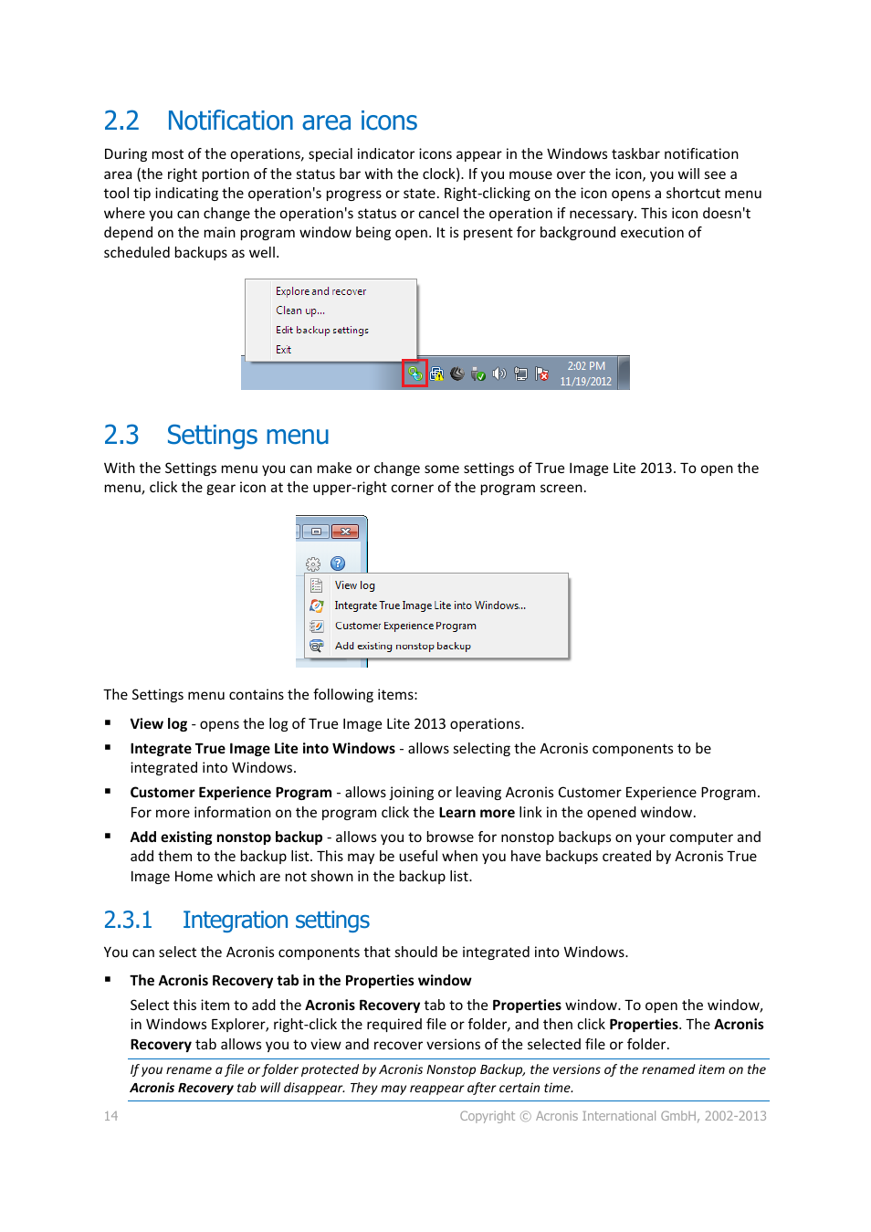 2 notification area icons, 3 settings menu, 1 integration settings | Notification area icons, Settings menu, Integration settings | Acronis True Image Lite 2013 by Acronis - User Guide User Manual | Page 14 / 50