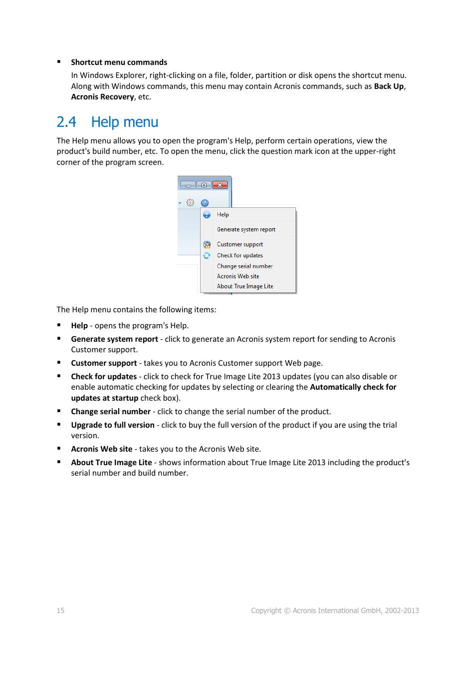 4 help menu, Help menu | Acronis True Image Lite 2013 by Acronis - User Guide User Manual | Page 15 / 50