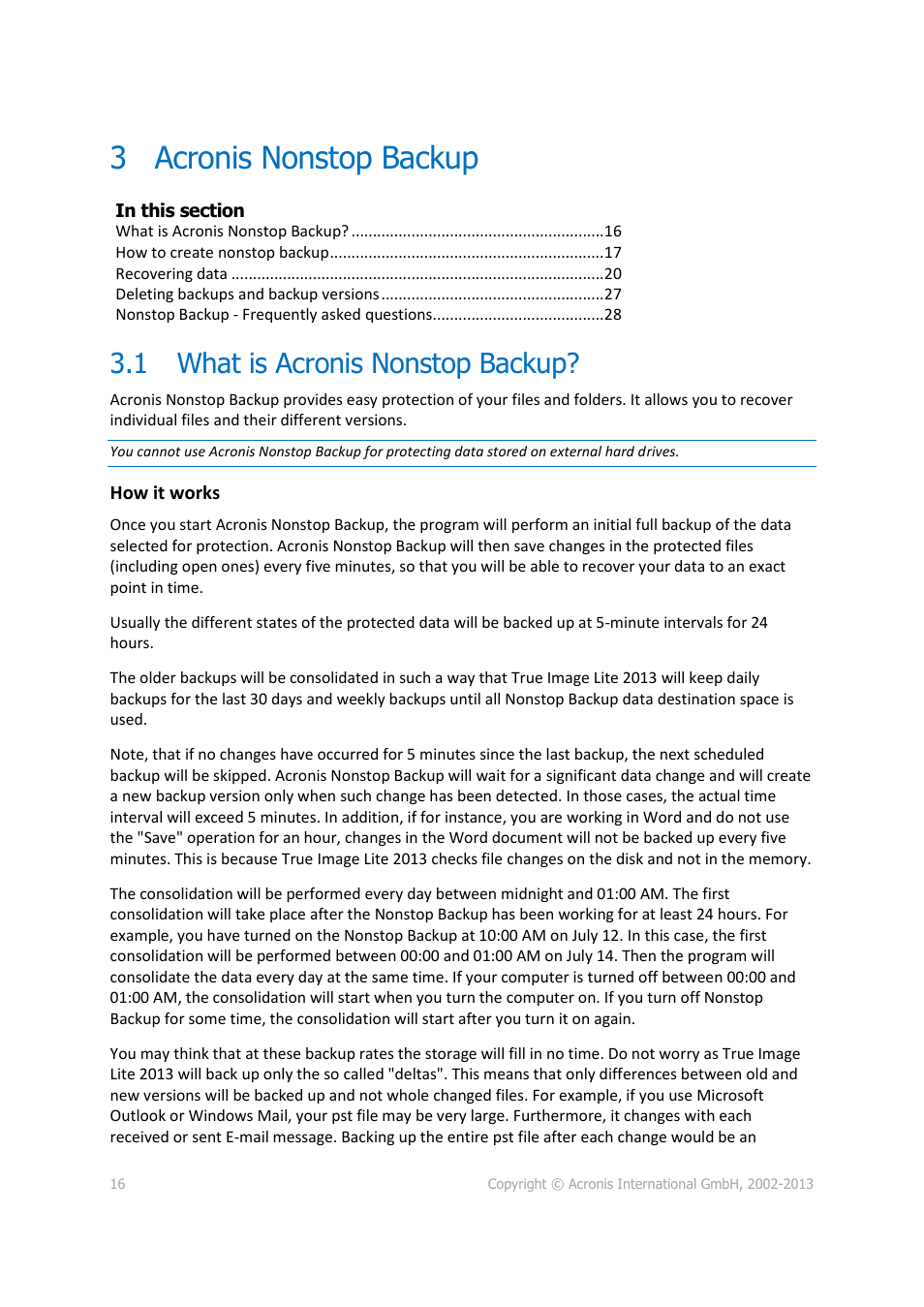 3 acronis nonstop backup, 1 what is acronis nonstop backup, Acronis nonstop backup | What is acronis nonstop backup | Acronis True Image Lite 2013 by Acronis - User Guide User Manual | Page 16 / 50