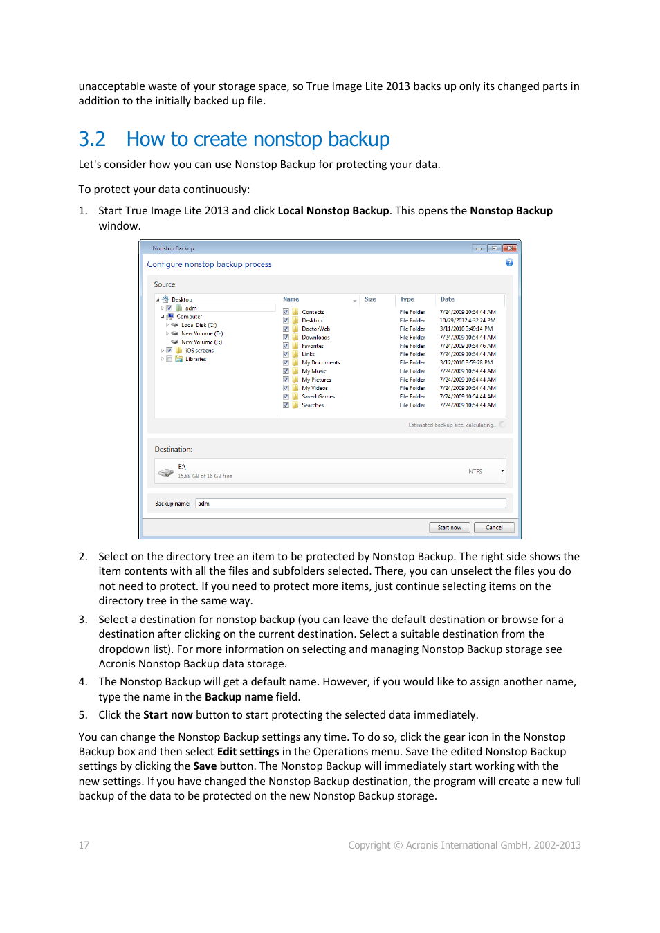 2 how to create nonstop backup, How to create nonstop backup | Acronis True Image Lite 2013 by Acronis - User Guide User Manual | Page 17 / 50