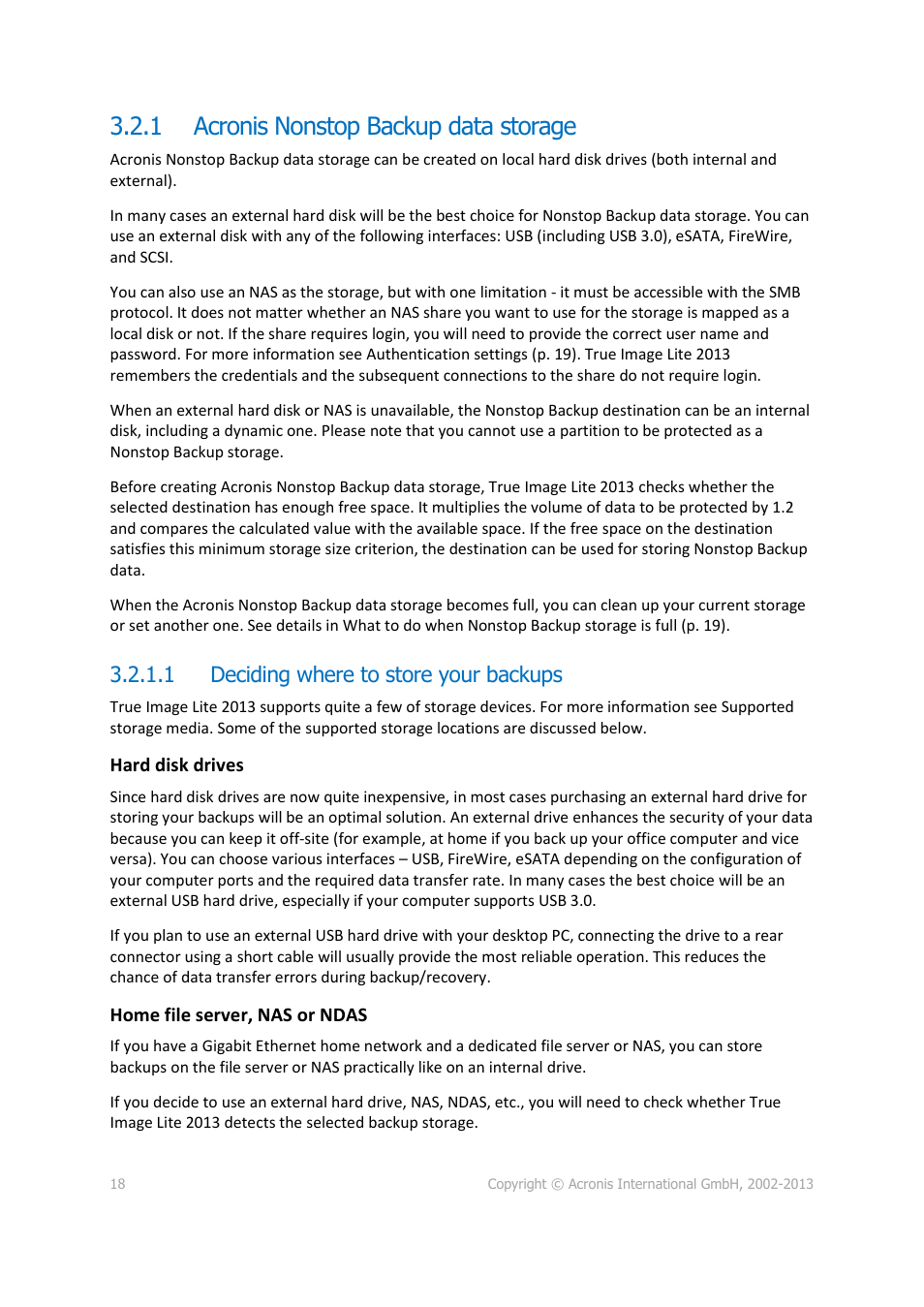 1 acronis nonstop backup data storage, 1 deciding where to store your backups, Acronis nonstop backup data storage | Acronis True Image Lite 2013 by Acronis - User Guide User Manual | Page 18 / 50