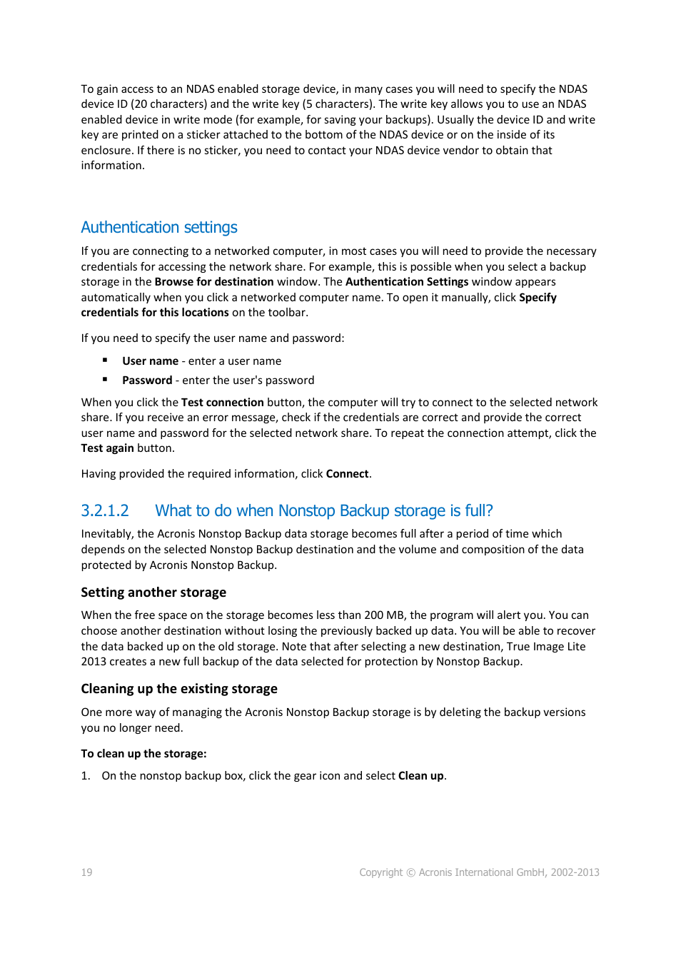 Authentication settings, 2 what to do when nonstop backup storage is full | Acronis True Image Lite 2013 by Acronis - User Guide User Manual | Page 19 / 50