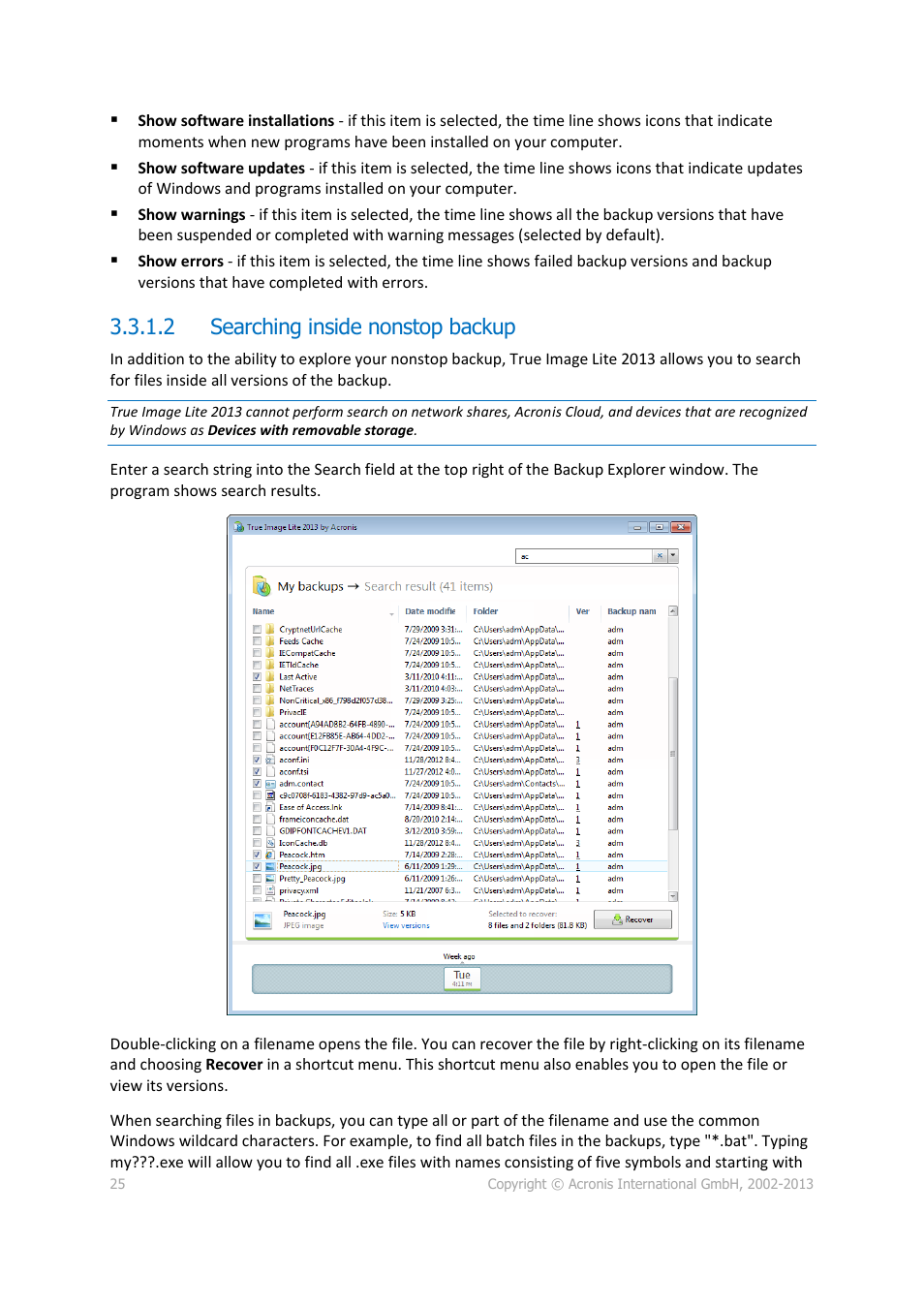 2 searching inside nonstop backup | Acronis True Image Lite 2013 by Acronis - User Guide User Manual | Page 25 / 50