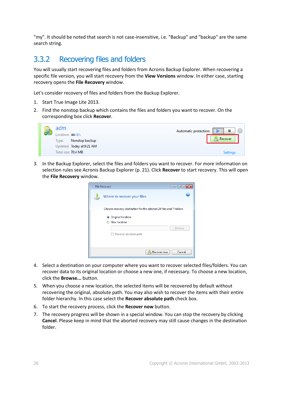 2 recovering files and folders, Recovering files and folders | Acronis True Image Lite 2013 by Acronis - User Guide User Manual | Page 26 / 50