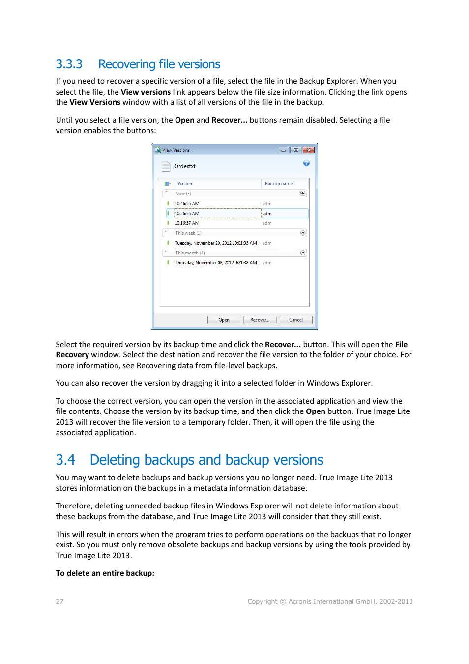 3 recovering file versions, 4 deleting backups and backup versions, Recovering file versions | Deleting backups and backup versions | Acronis True Image Lite 2013 by Acronis - User Guide User Manual | Page 27 / 50