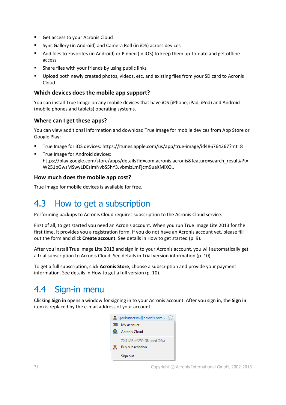 3 how to get a subscription, 4 sign-in menu, How to get a subscription | Sign-in menu | Acronis True Image Lite 2013 by Acronis - User Guide User Manual | Page 31 / 50