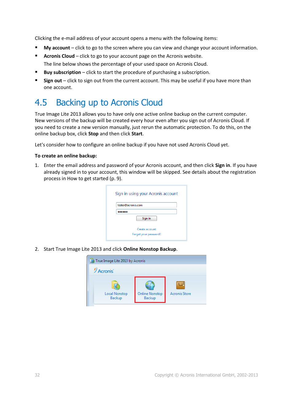 5 backing up to acronis cloud, Backing up to acronis cloud | Acronis True Image Lite 2013 by Acronis - User Guide User Manual | Page 32 / 50