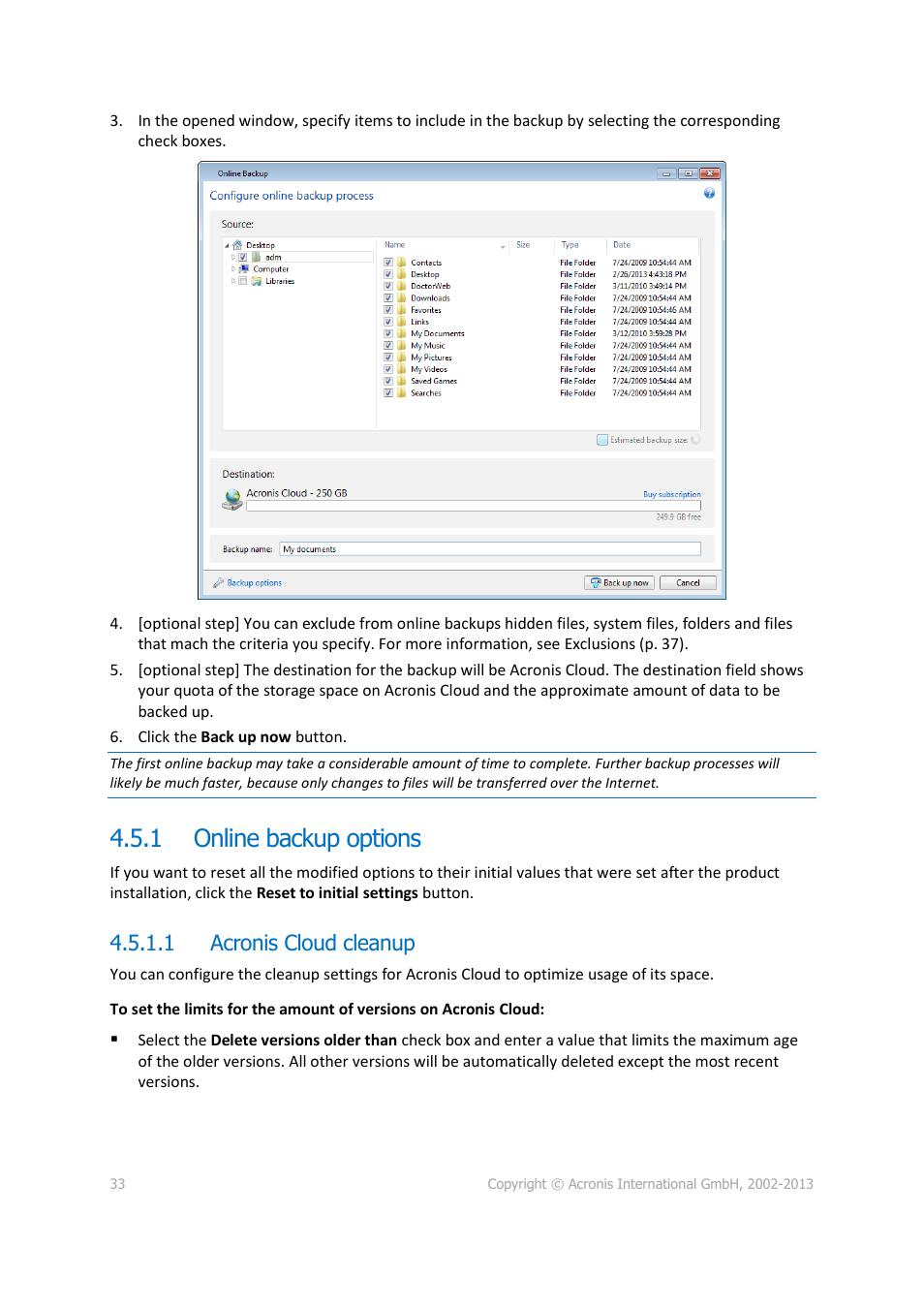 1 online backup options, 1 acronis cloud cleanup, Online backup options | Acronis True Image Lite 2013 by Acronis - User Guide User Manual | Page 33 / 50